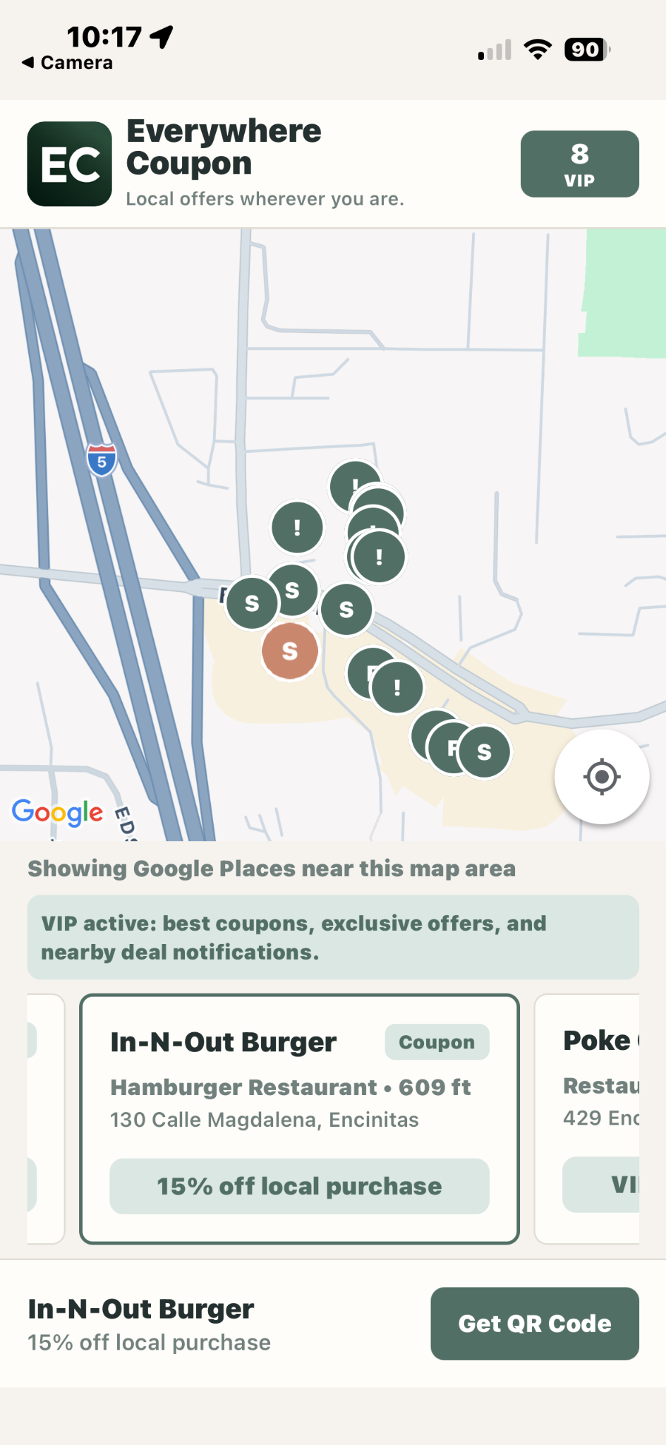 Everywhere Coupon app map showing nearby local coupons and QR redemption