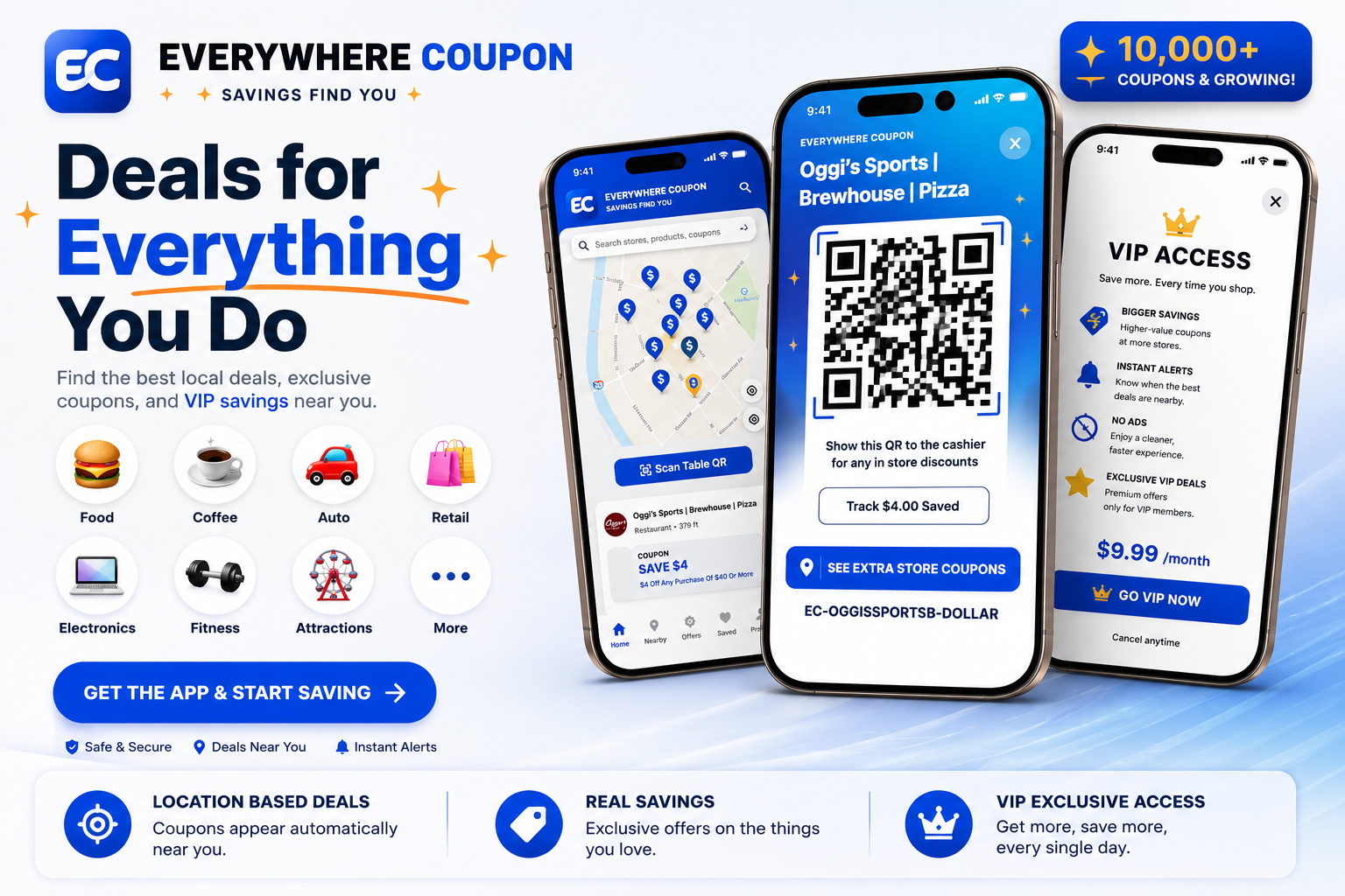 Navy themed deals and savings overview showing categories, deal cards, and weekly savings tracker