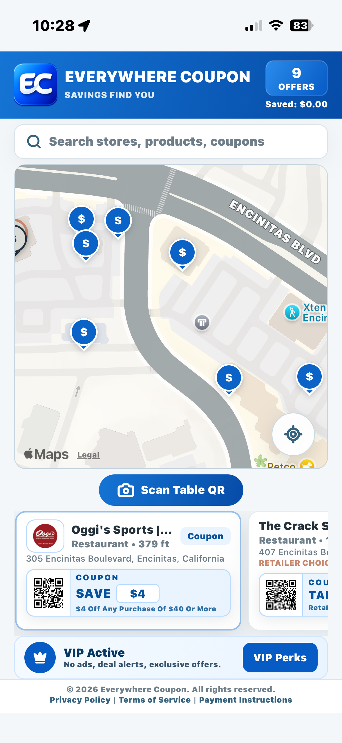 Everywhere Coupon app map showing nearby offers