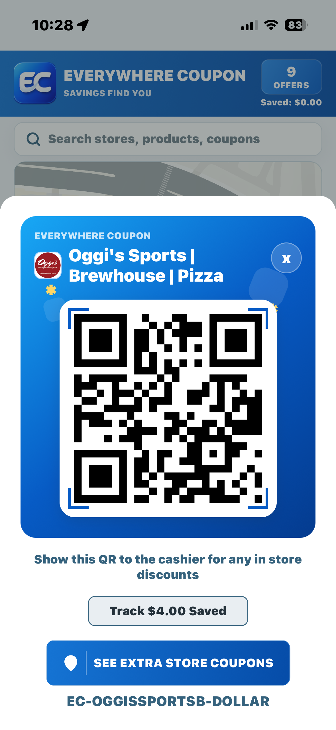 Everywhere Coupon app map showing nearby offers